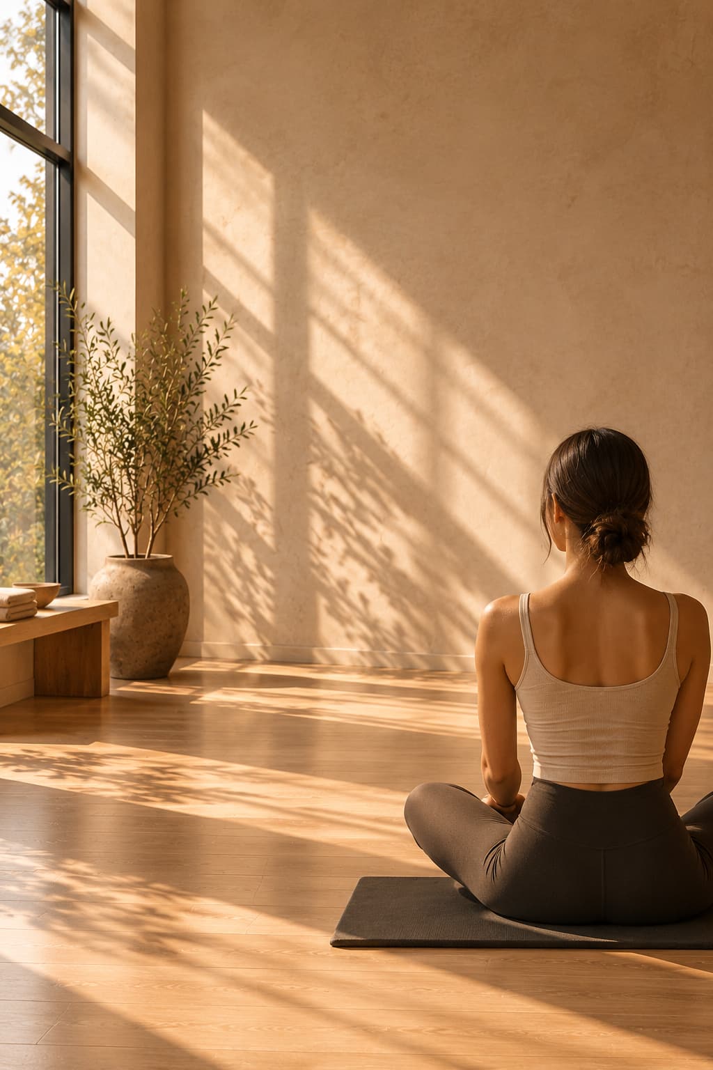 A woman seated on a mat, seen from behind