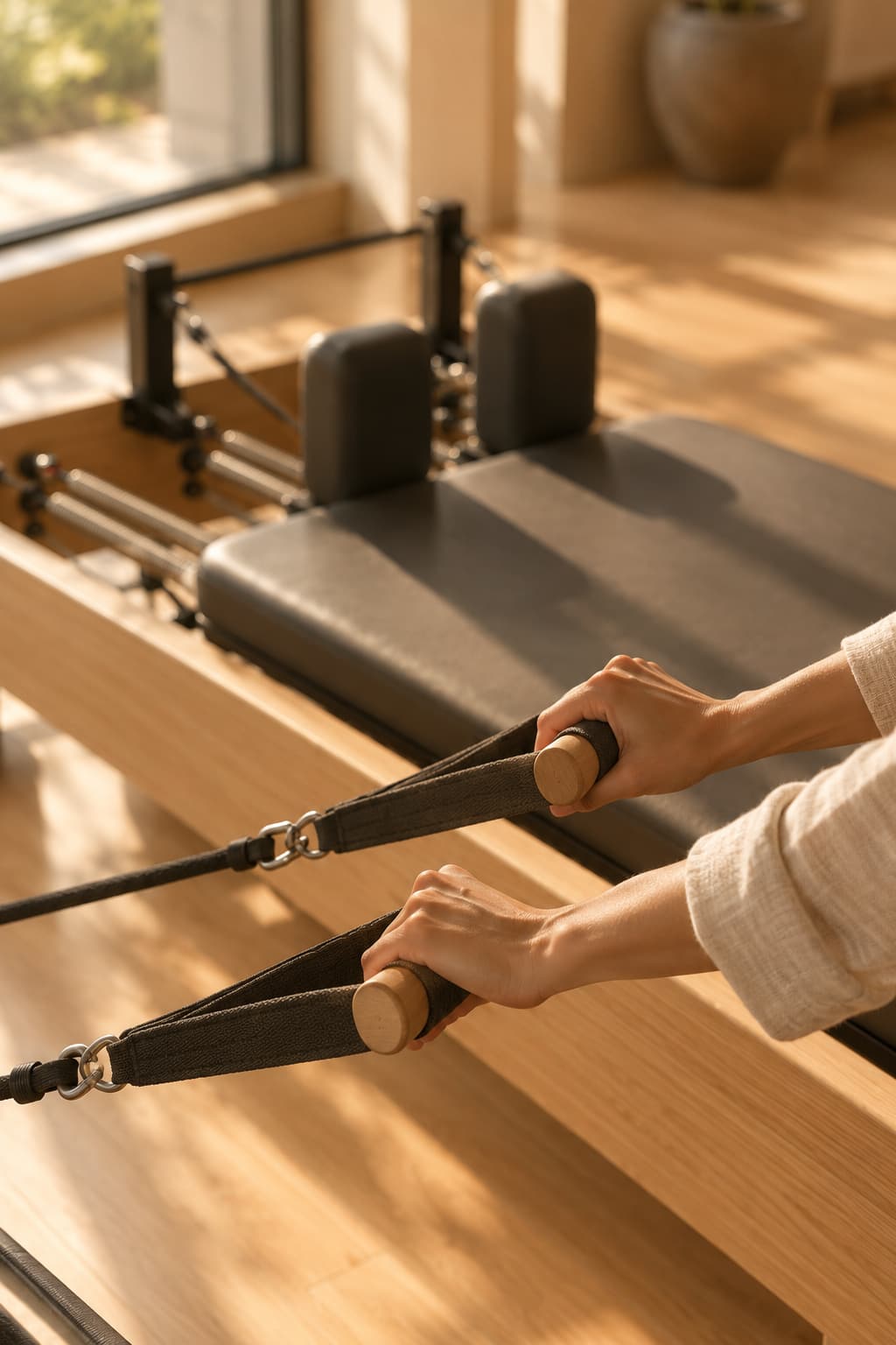 Hands holding reformer straps