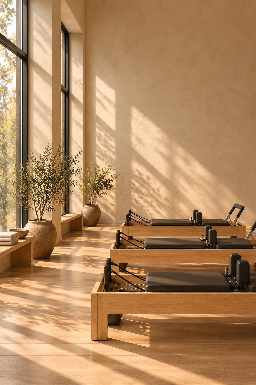 Reformers lined up in a sunlit studio