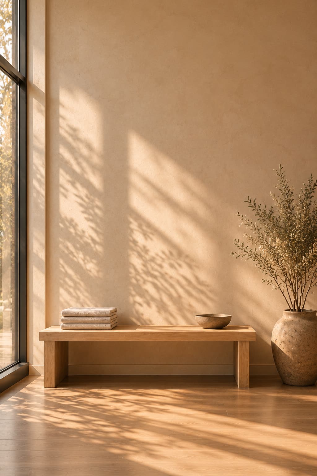 Oak bench with folded towels and a bowl